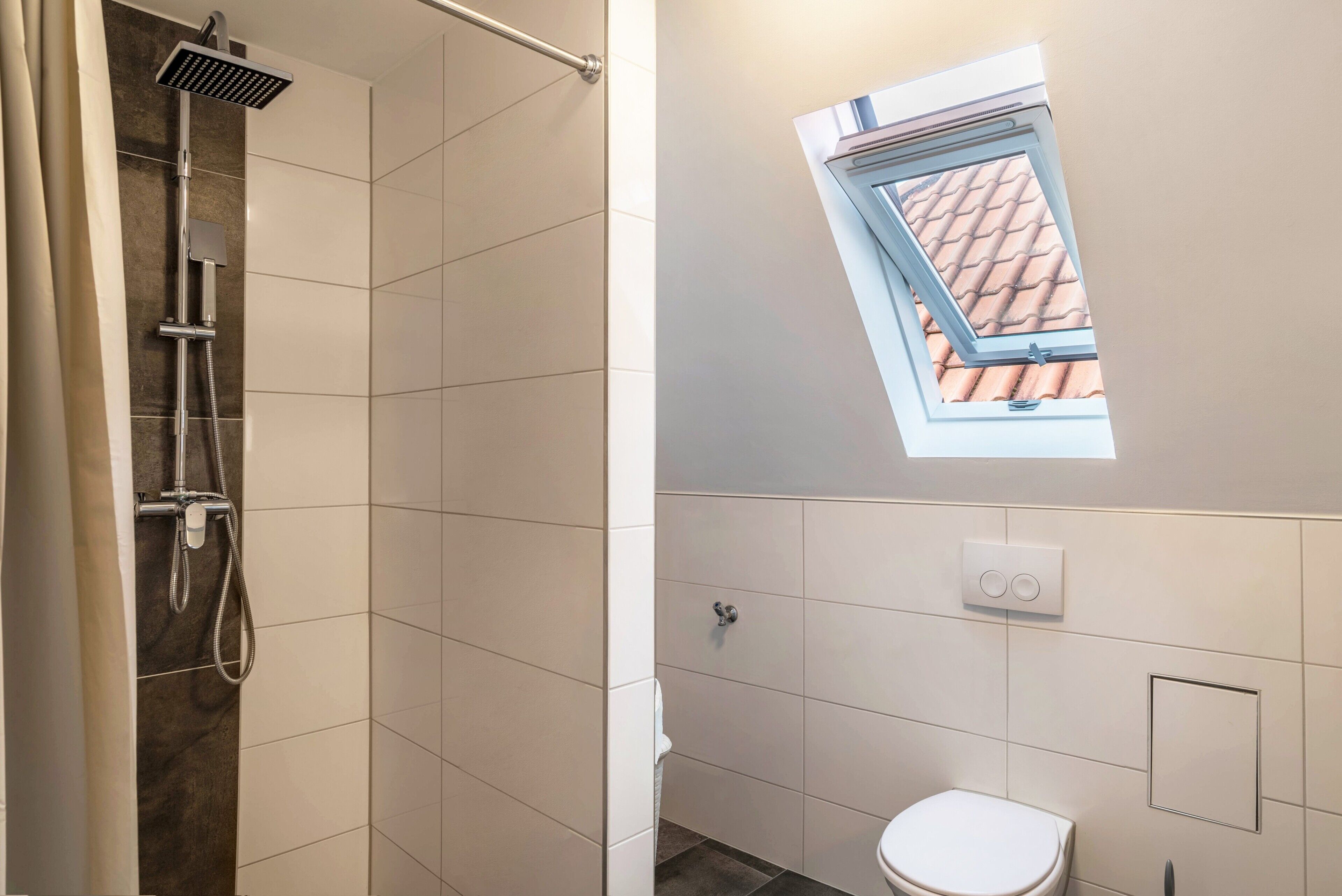 A bathroom with a shower, a toilet, and a skylight.