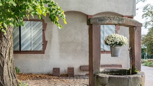 Ein Steinbrunnen mit einem hängenden Blumentopf, einem Baum und einem Gebäude mit Fenster und Tür.