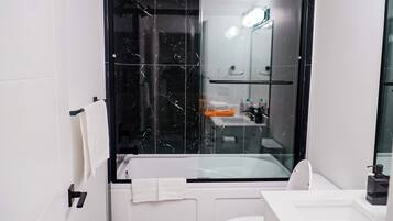 Hair dryer, towels, soap, shampoo