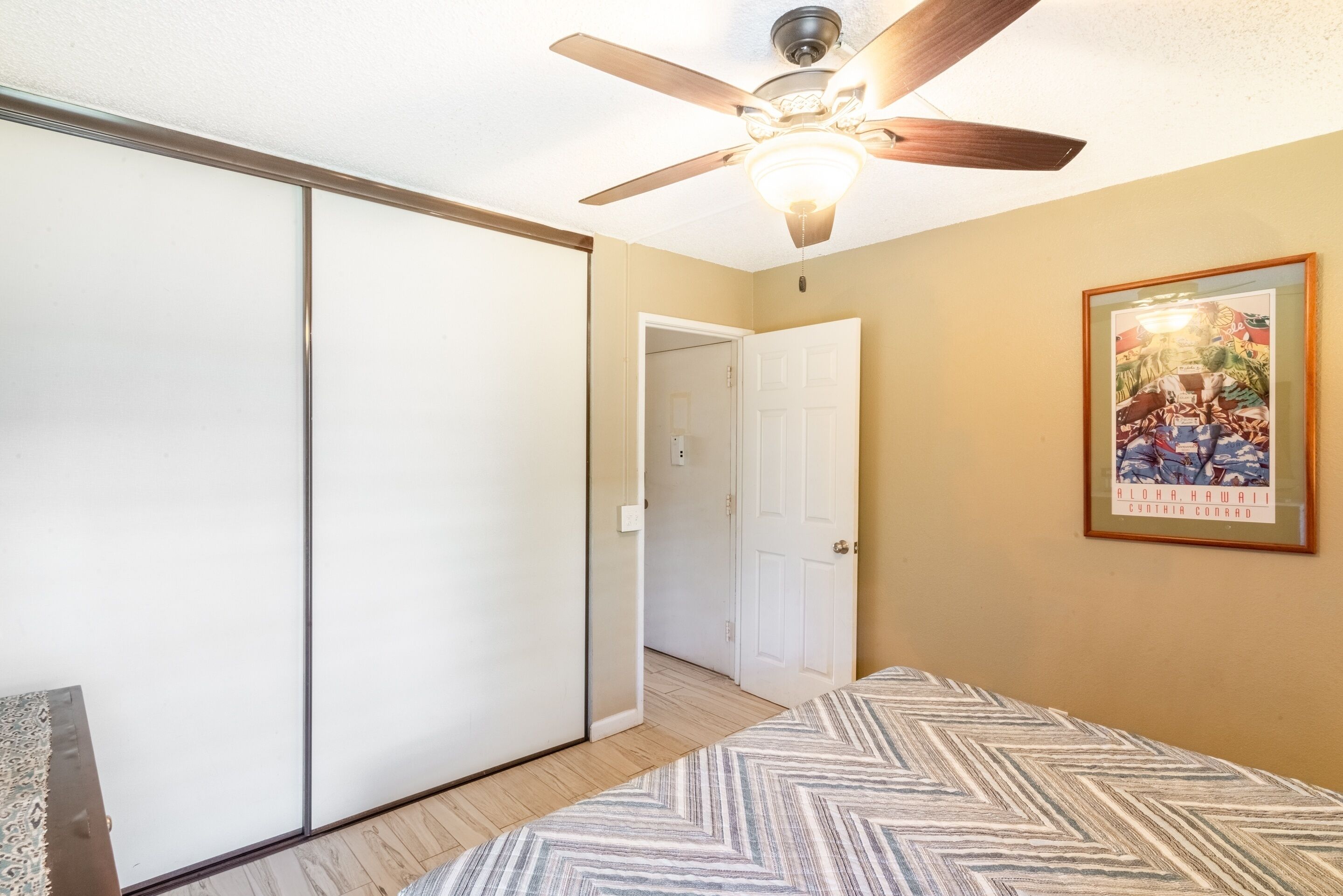 A bedroom with a bed, a ceiling fan, a door, and a framed picture on the wall.