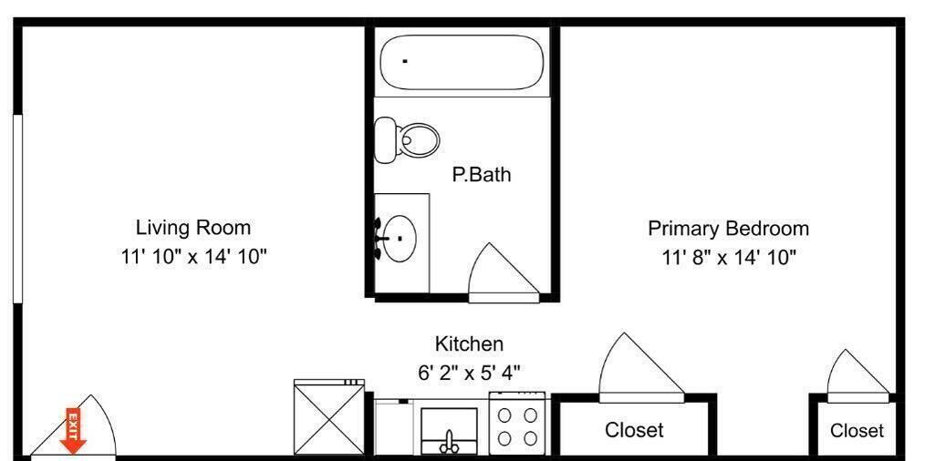 Planta baixa com sala de estar (3,6 x 4,5 metros), quarto principal (3,5 x 4,5 metros), cozinha (1,9 x 1,6 metros) e dois armários.