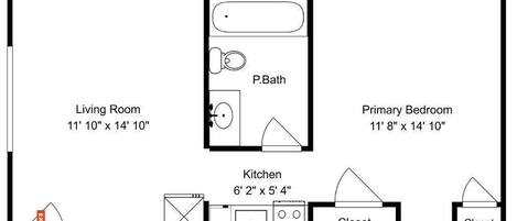 Planta baixa com sala de estar (3,6 x 4,5 metros), quarto principal (3,5 x 4,5 metros), cozinha (1,9 x 1,6 metros) e dois armários.