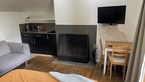 Une chambre moderne équipée d’un canapé, d’un lit, d’une cheminée, d’une télévision et d’un coin repas.
