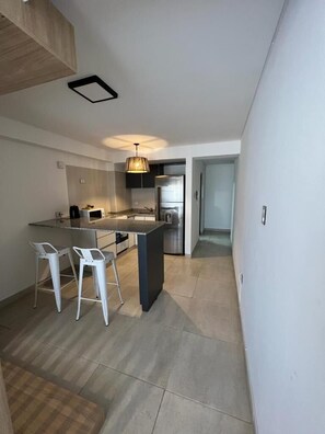 Fridge, microwave, stovetop, toaster