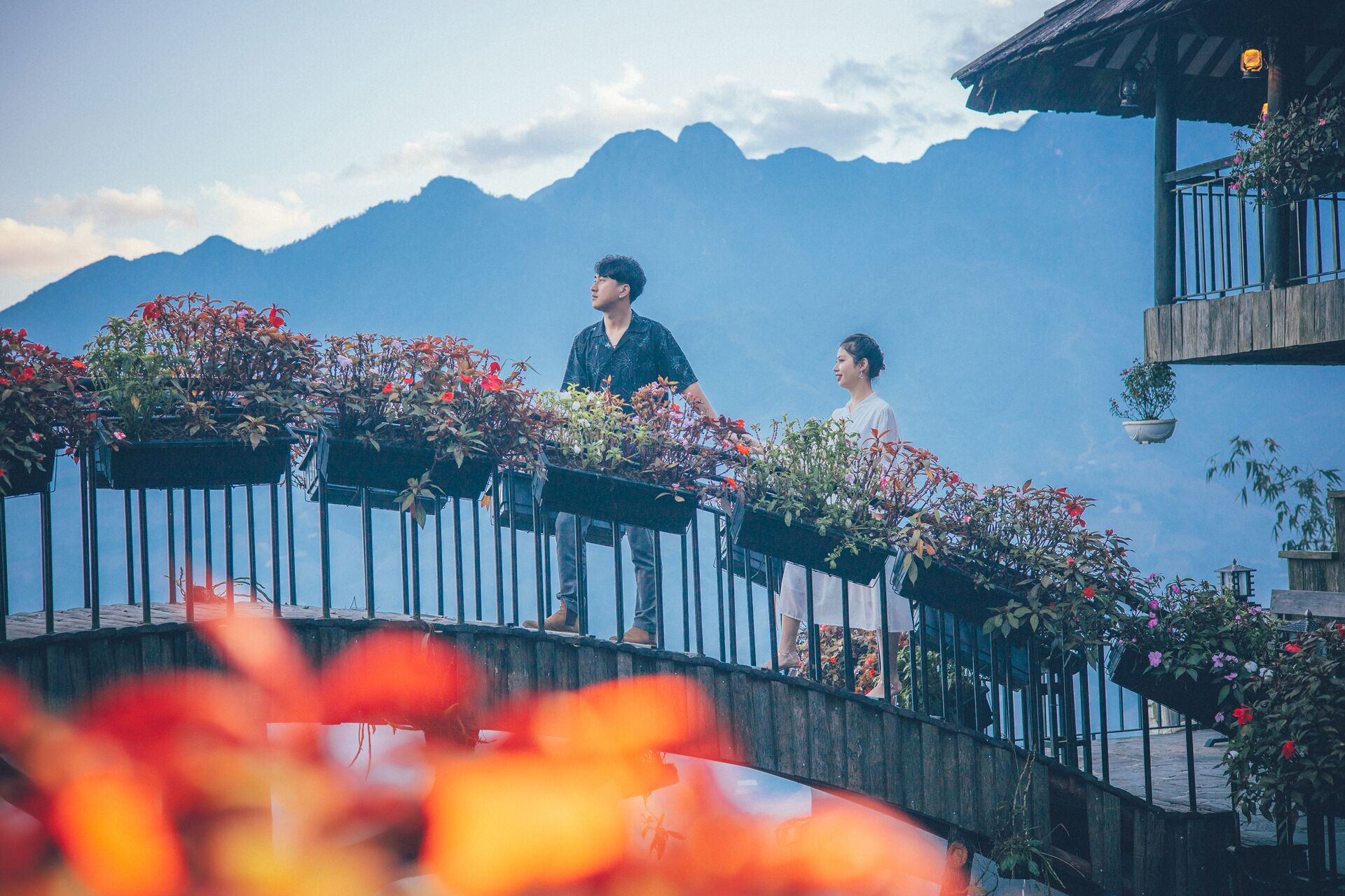 A balcony with potted plants and a mountainous backdrop.