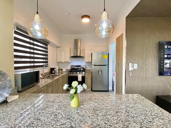 Fridge, microwave, oven, stovetop