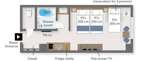 A hotel room layout with a bathroom, shower booth, mirror, closet, fridge, kettle, flat-screen TV, and an extra bed.