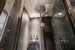 Eco-friendly toiletries, hair dryer, slippers, electronic bidet