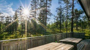 Une terrasse en bois avec des bancs donnant sur une zone boisée.