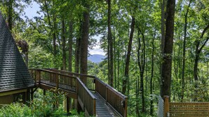 A wooden bridge leading to a building surrounded by tall trees and a mountain in the background. - Firepit + Mountain Views | A-Frame in Fairview | Honeycomb Hideaway by AvantStay (Fairview)