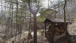 A rustic cabin with a wooden structure and a stack of firewood. - Creekside Mountain by AvantStay | Private Sauna (Asheville)
