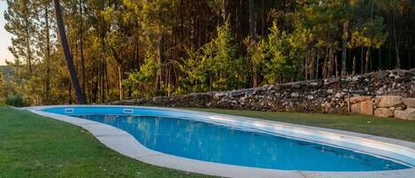 Una piscina con un muro in pietra e alberi sullo sfondo.