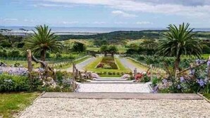 A pathway leading to a landscaped area with a view of distant hills and a clear sky.