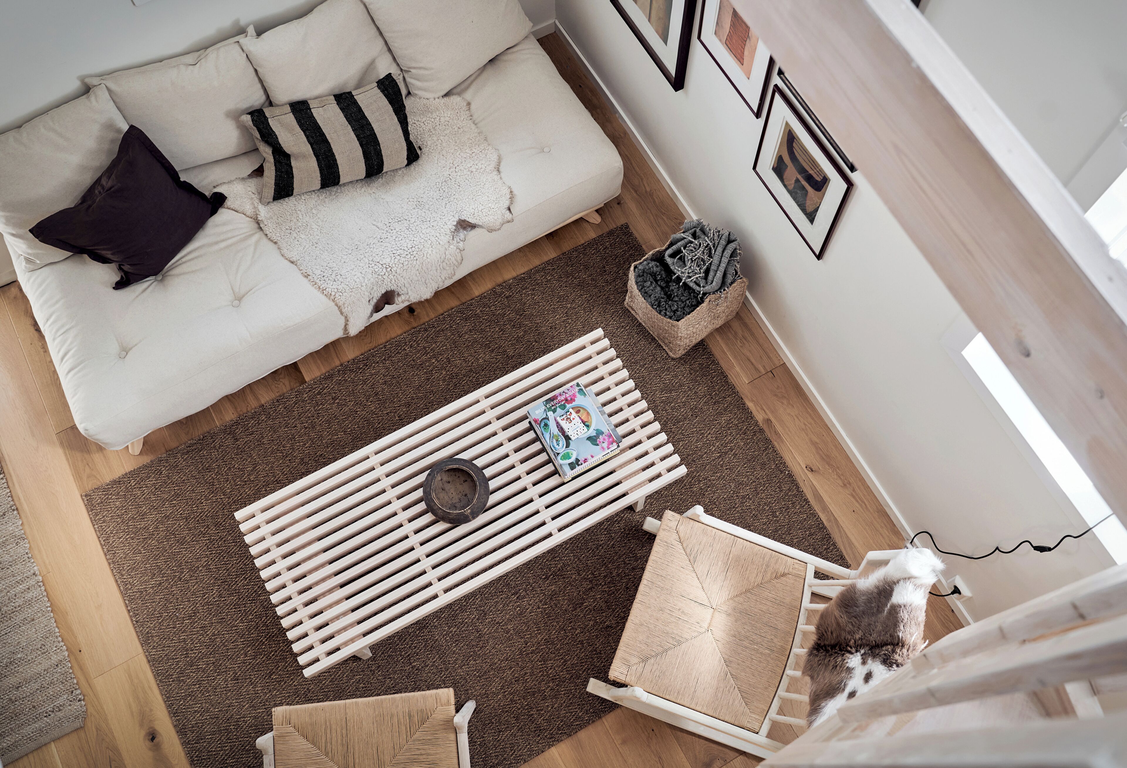 A living room with a sofa, a coffee table, a cat tree, and a rug.