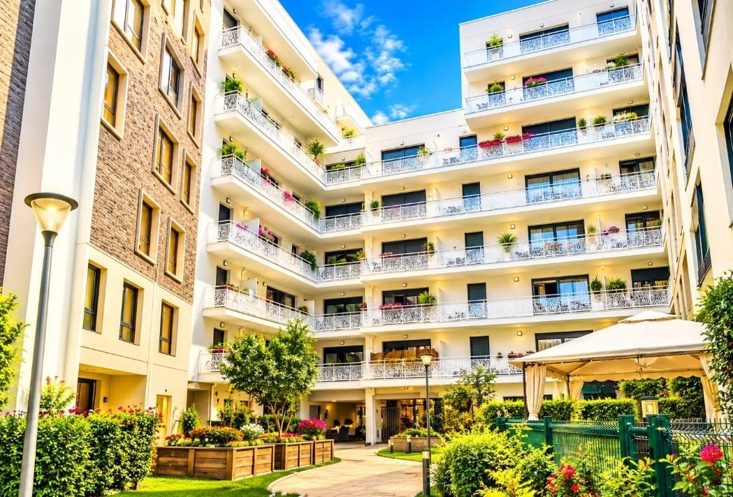 A multi-story hotel with balconies, a courtyard, and a well-maintained garden.