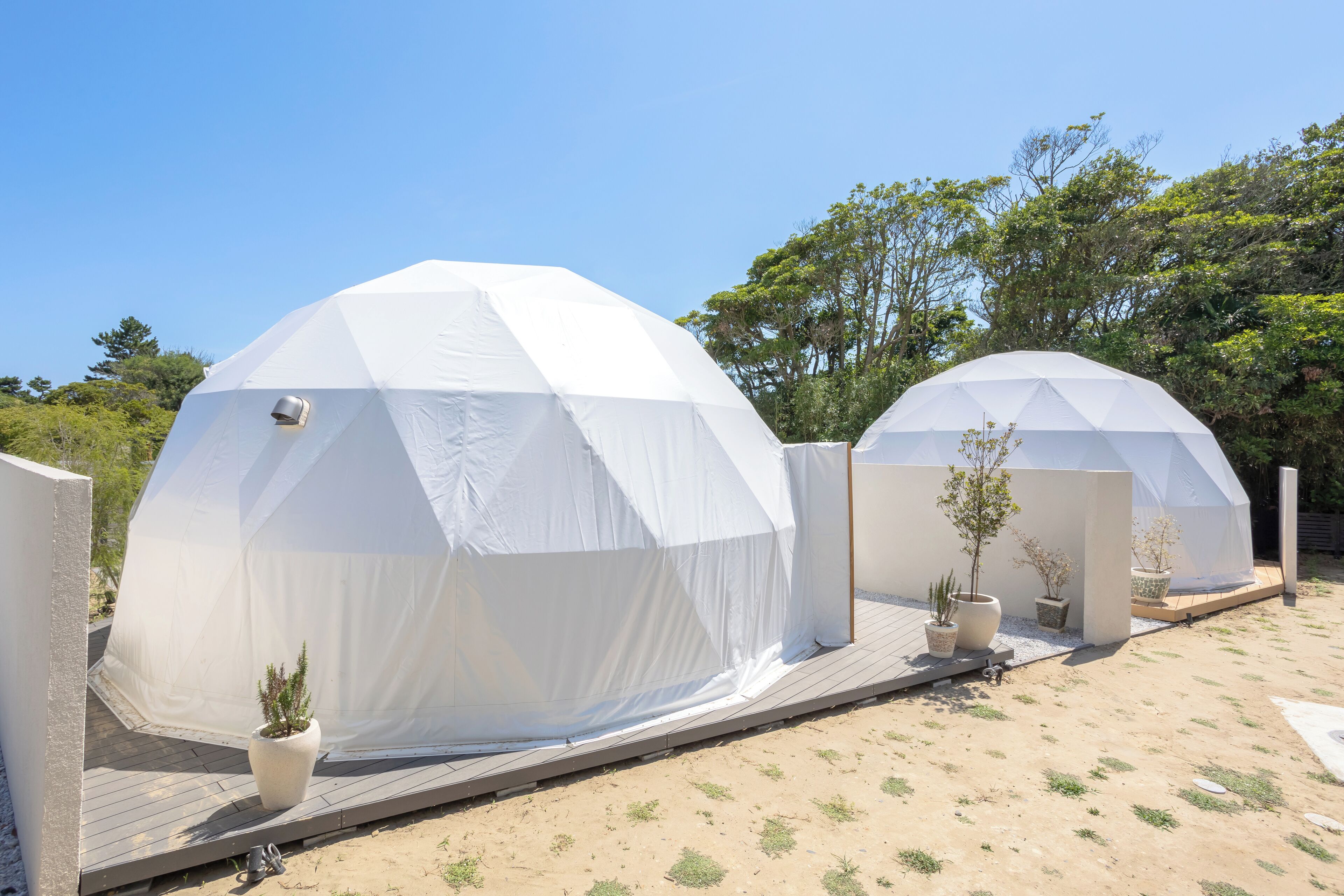 Dos tiendas blancas con forma de cúpula y una terraza de madera frente a ellas, rodeadas de plantas en macetas y árboles.