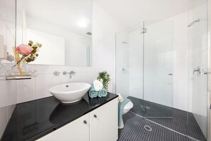Shower, hair dryer, towels