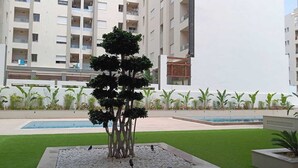 Une cour aménagée avec un arbre au centre, une piscine et, au fond, un immeuble à plusieurs étages.
