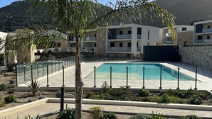 Un espace piscine agrémenté d’un palmier, entouré d’un bâtiment moderne doté de balcons.