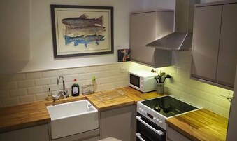 Una cocina moderna con un fregadero, estufa, microondas y un cuadro de un pez en la pared.