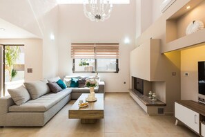 Televisión, chimenea y oficina 