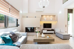 Televisión, chimenea y oficina 