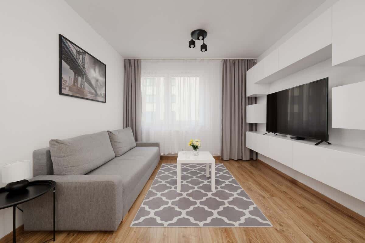 A modern living room with a gray sofa, a flat-screen TV, and a light wooden floor. The decor is simple and bright, with a patterned rug adding a cozy touch.

