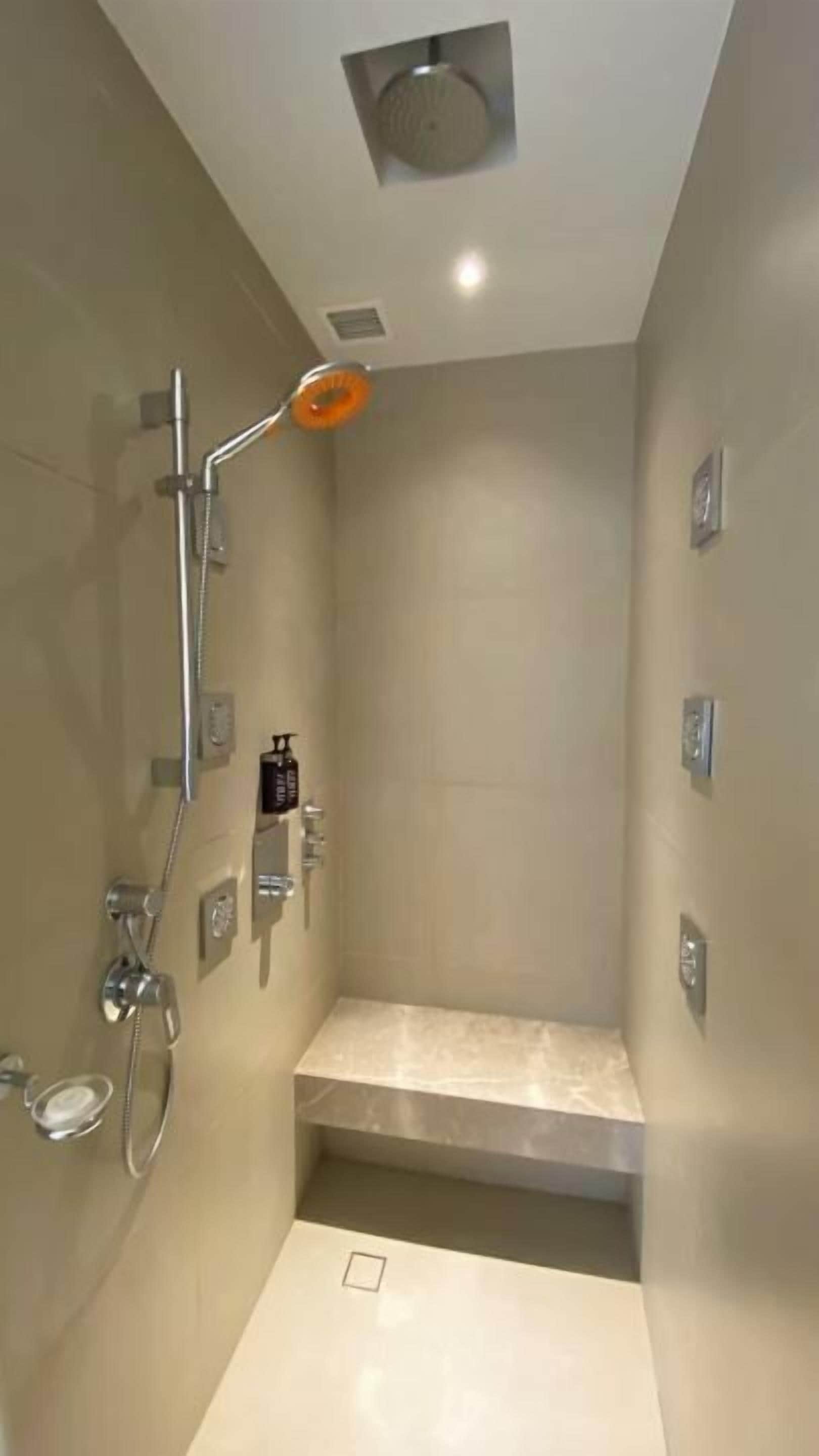 A modern shower with a handheld showerhead, a handheld faucet, and a built-in seat.