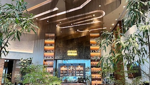 A modern bar area with a 'The Road' sign, surrounded by shelves of bottles and potted plants. - Brittany Hotel BGC (Taguig)