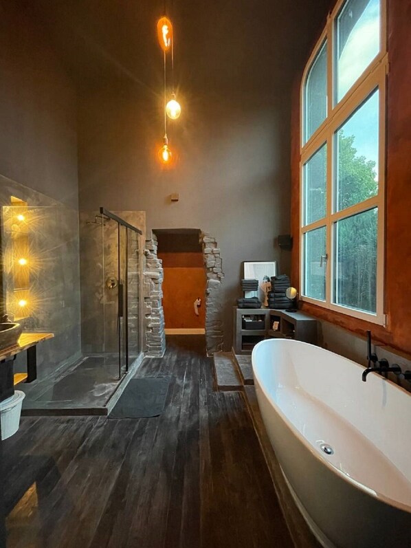 Shower, hair dryer, towels, soap