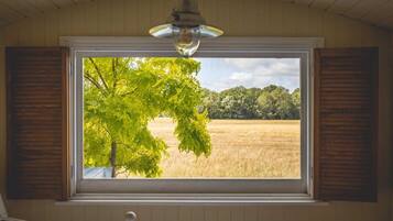 A room with a large window, a ceiling fan, and wooden shutters.
