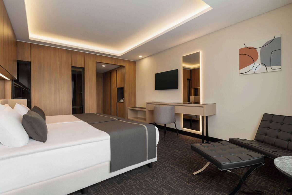 Une chambre d’hôtel moderne équipée d’un lit, d’un bureau, d’une chaise et d’un téléviseur à écran plat.