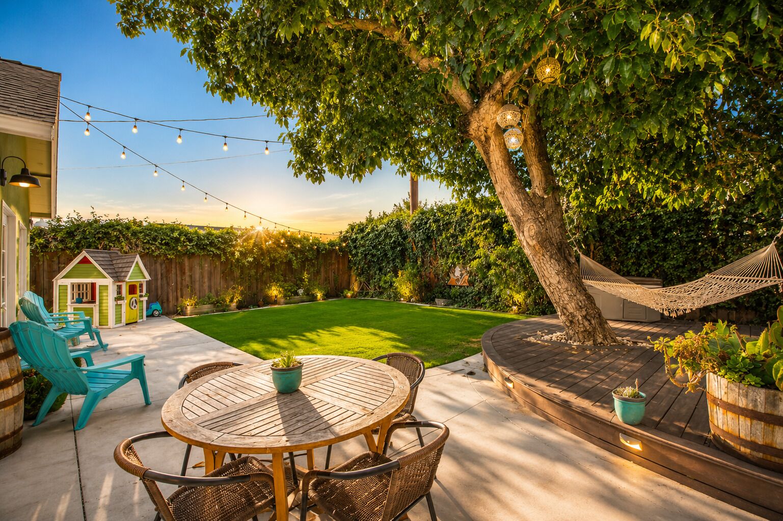 Un patio trasero con una terraza de madera, una hamaca, una casita de juegos y una mesa redonda con sillas.