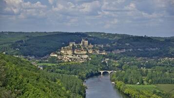 Un château historique perché sur une colline, dominant une rivière qu’enjambe un pont.