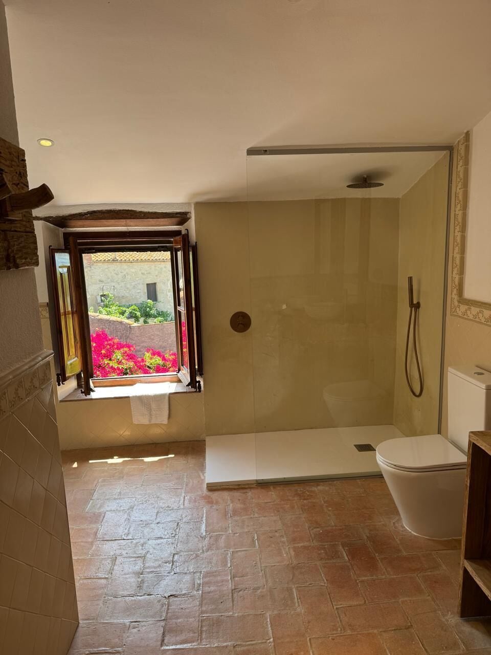 A bathroom with a shower, toilet, and a window with a view of a garden.