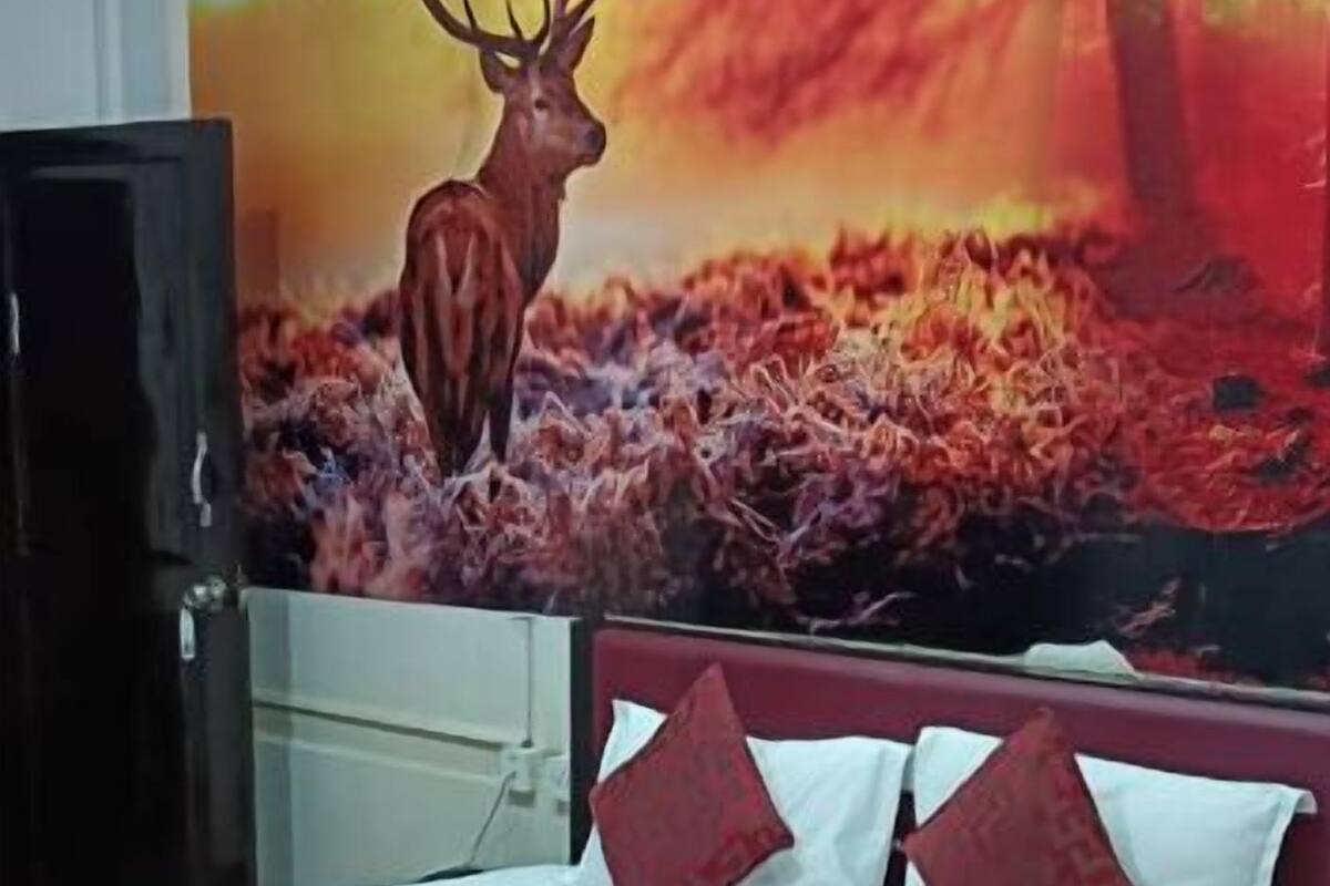 Une chambre d’hôtel avec un grand lit, une literie rouge et blanche, et une fresque représentant un cerf sur le mur.