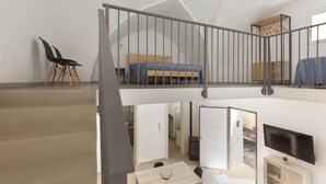 Eine moderne Loft-Wohnung mit hohen Decken, einer Wendeltreppe zu einem Schlafplatz im oberen Bereich, einem Essbereich und einem an der Wand befestigten Fernseher.