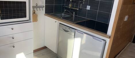 Fridge, oven, dishwasher, cookware/dishes/utensils