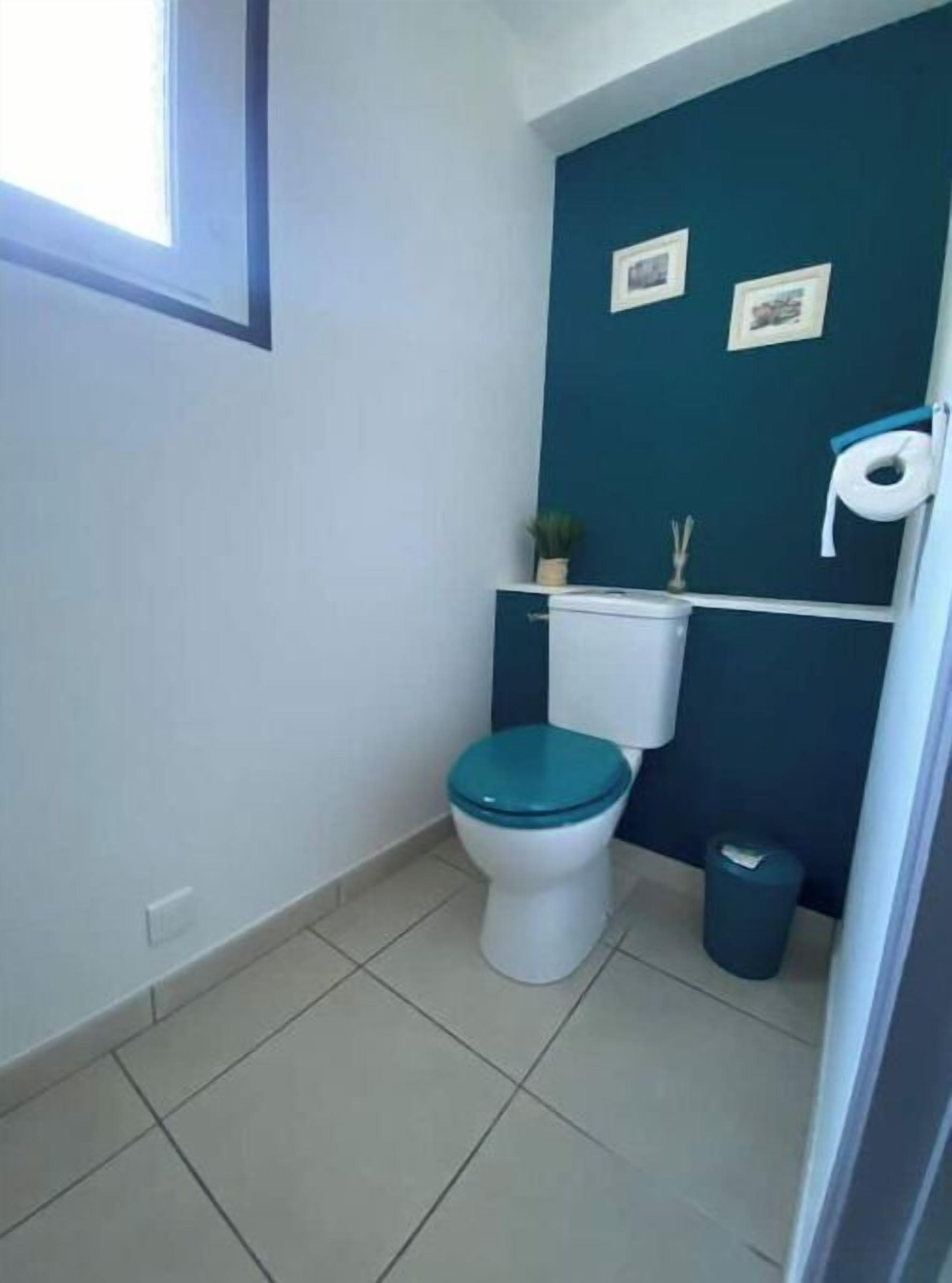 Un baño pequeño con inodoro, un cubo de basura y un dispensador de papel higiénico en la pared.