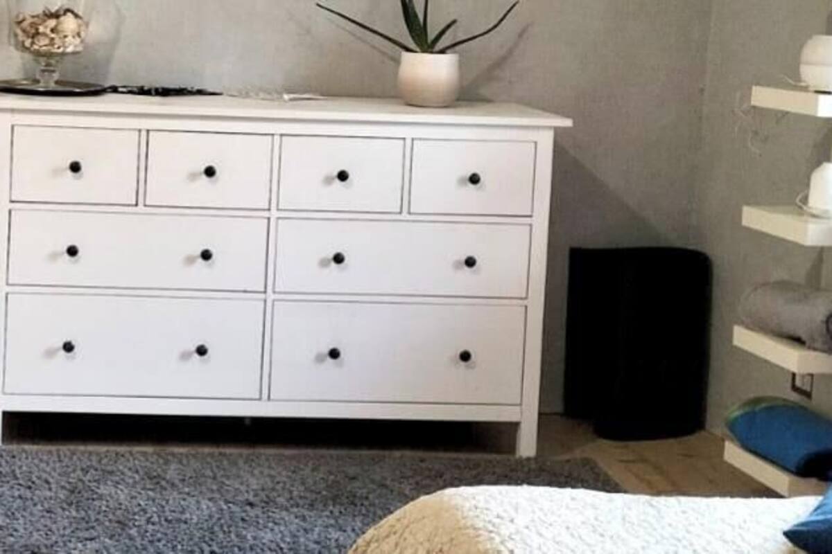 Une chambre privée comprenant un espace de travail, une commode blanche, une plante et une étagère avec des objets décoratifs.