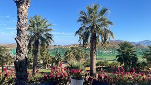 Vista de un campo de golf con palmeras y flores rosadas en primer plano, y un paisaje montañoso al fondo.
