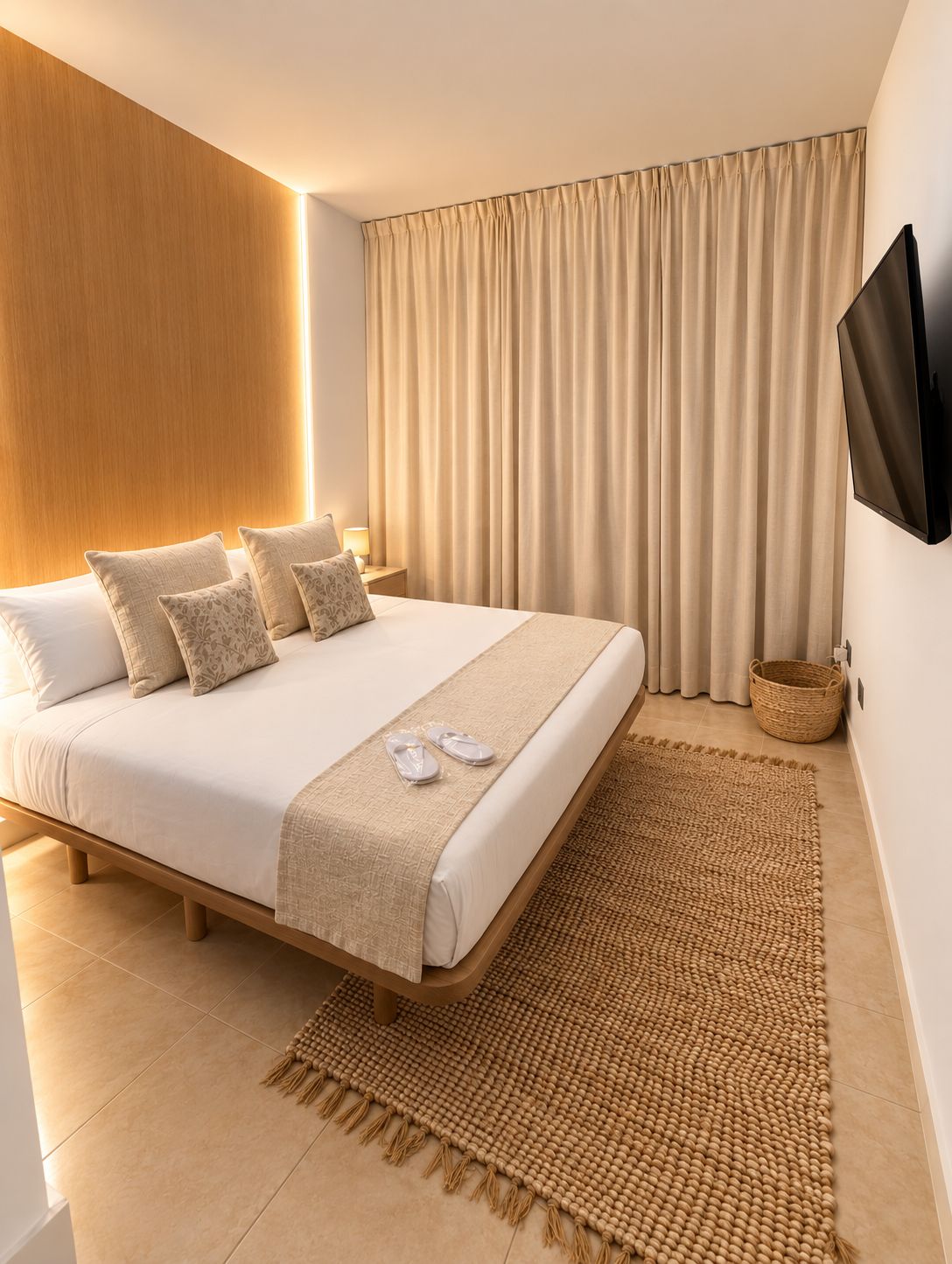 A modern hotel room with a large bed, a flat-screen TV mounted on the wall, and a woven rug on the floor.