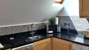 Eine Küche mit schwarzem Arbeitsplatz, einem Spülbecken, einem Toaster und einer Pflanze auf der Arbeitsfläche.