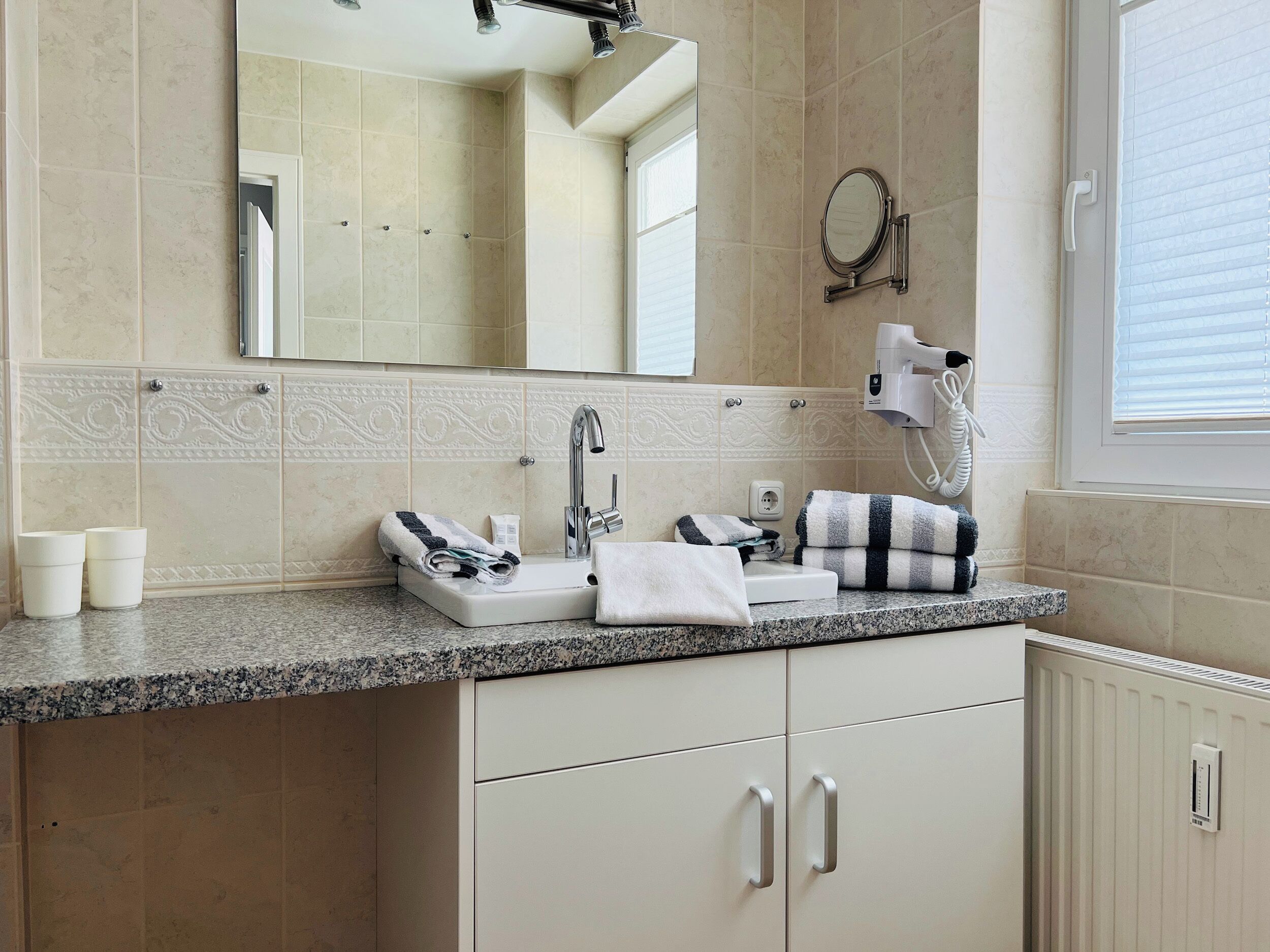 A bathroom with a sink, mirror, towel rack, and a hairdryer.