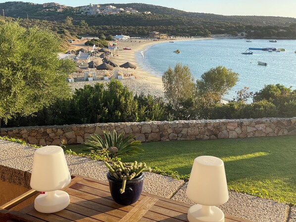 On the beach, sun-loungers, beach towels