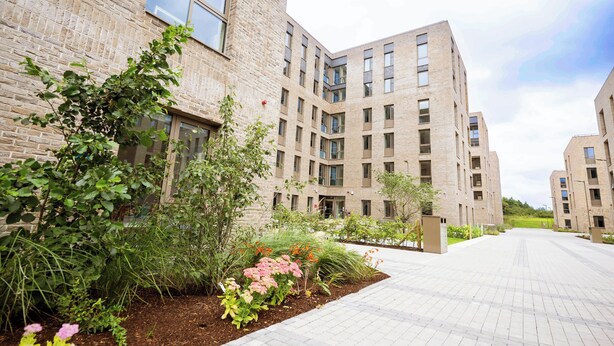 A modern building with a brick facade, large windows, and a paved walkway. - University of Galway Rooms (Galway)