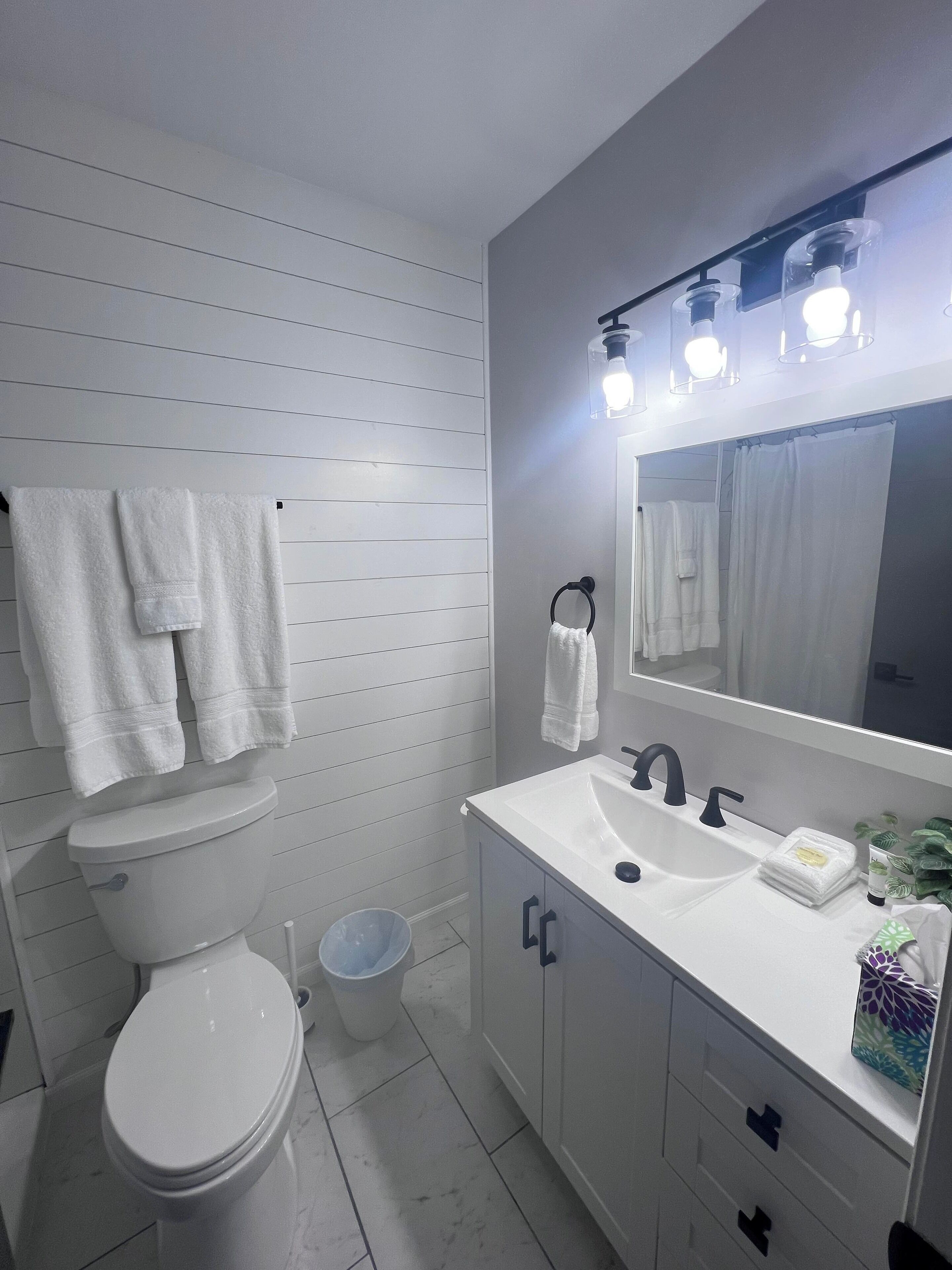 Une salle de bain avec des toilettes, un lavabo et un miroir. Des serviettes sont accrochées au mur, et il y a une poubelle.