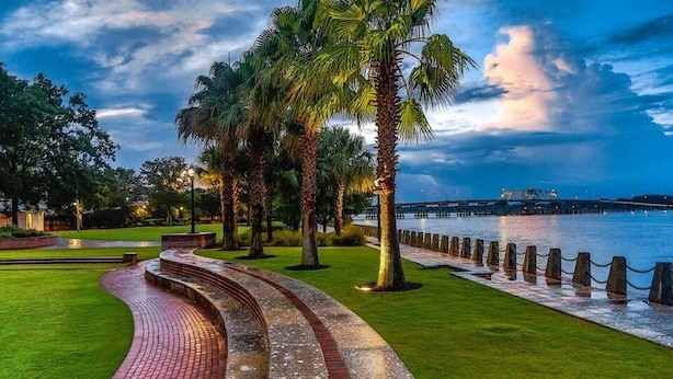 A curved brick pathway leading to a waterfront area with palm trees and a view of a distant bridge.
