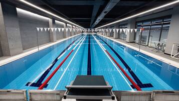 Indoor pool, outdoor pool, open 8:00 AM to 5:00 PM, pool loungers