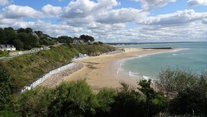 Une plage côtière avec un rivage rocheux, une promenade et des maisons situées sur une colline.